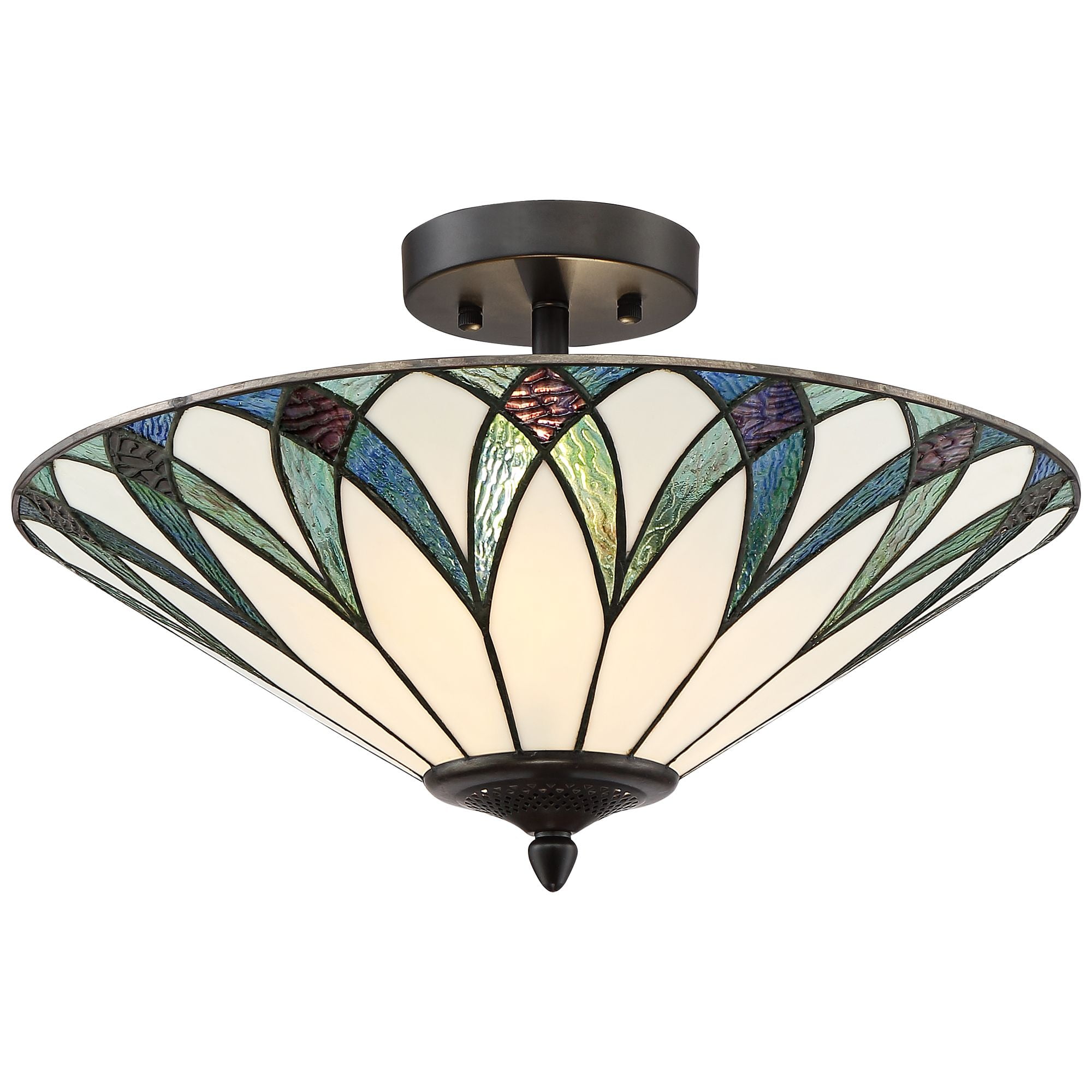 Regency Hill Filton Tiffany Style Ceiling Light Semi Flush Mount Fixture 18" Wide Bronze 2-Light Blue Green Art Glass for Bedroom Kitchen Living Room