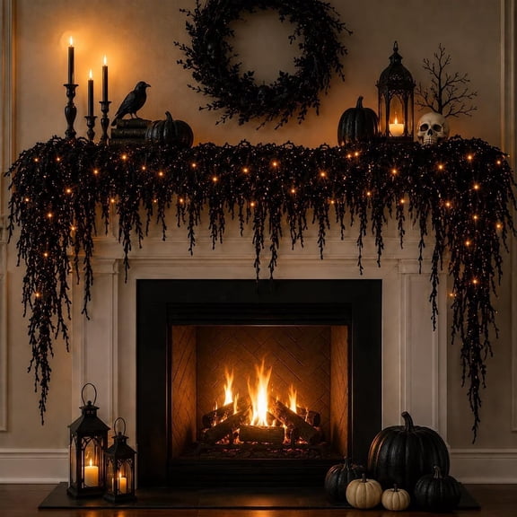 Halloween Lighted Creepy Vine Garland Faux Black Garland for Mantle | Waterproof Spooky Halloween Indoor Decor with Lights Gothic Hanging Vine Twigs Party Decoration Banister(1m/3.2ft)