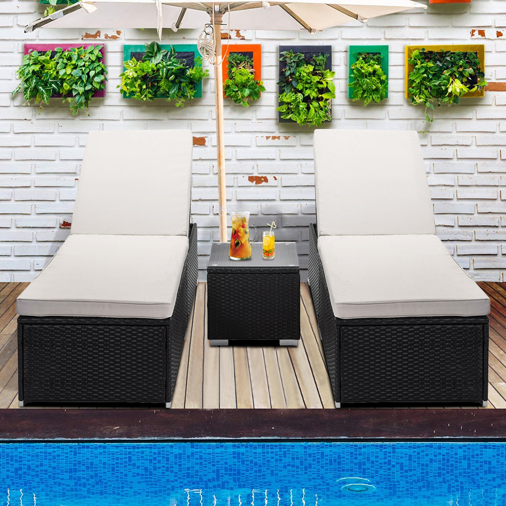 3-Piece Outdoor Patio Furniture Set Chaise Lounge, Patio Reclining Rattan Lounge Chair Chaise Couch Cushioned with Glass Coffee Table, Adjustable Back and Feet, Lounger Chair for Pool Garden - image 3 of 8