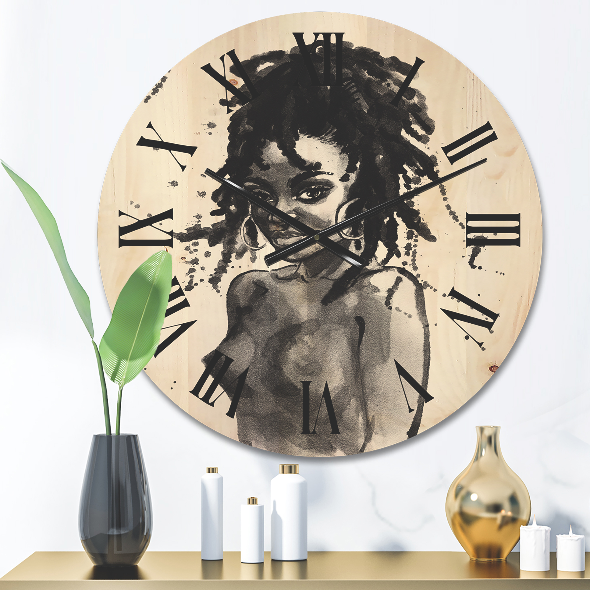 Designart 'Black and White Portrait of African American Woman V' Modern Wood Wall Clock