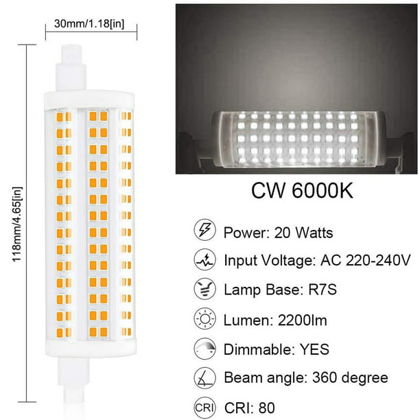 Morease Dimmable R7s 118mm LED Floodlight Bulbs 20W Double Ended J Type Cool White 6000K, 200W Equivalent R7s Linear Halogen for Work Lights, Security Lights, Landscape Lights - Walmart.com