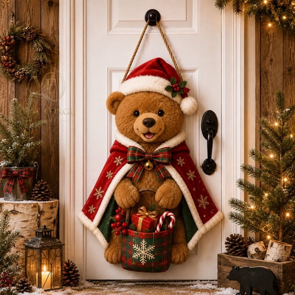 Christmas Bear Door Sign, Welcome Entry Hanging for Holiday Home