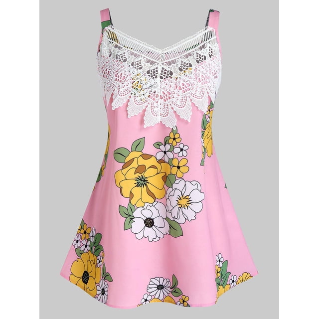 Tamaño Plus impresa flor Guipure de encaje sin mangas de panel Rosegal Camisetas sin mangas de talla grande