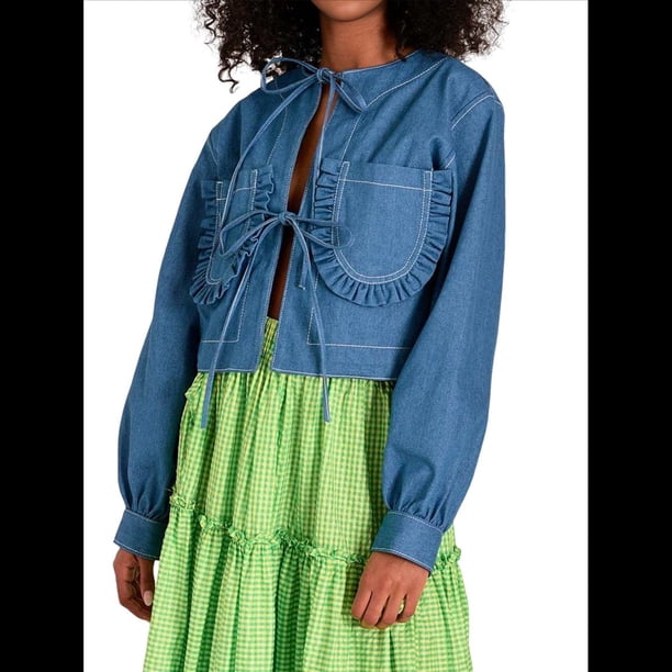 Chaqueta Corta para Mujer, de Moda, con Lazo Frontal, Cuello de Solapa, Larga, Abrigo Vaquero, Blusa Ligera de Otoño Azul S
