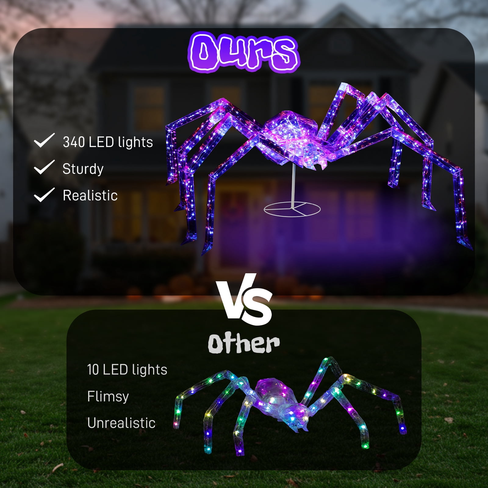 3FT Halloween Decorations Light Up Spider, Outdoor Halloween Decor Lighted Iridescent Spider, Weather Proof Pre-lit Spider with 340 LED Lights, for Front Yard Porch Gardens Lawns Party