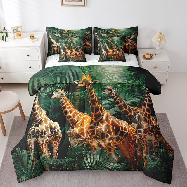 YST Ensemble Douillette Simple Girafe 7 Pcs, Feuilles de Palmier Réversible Lit en Sac, Ensemble de Literie Animaux de Ferme avec Douillette Botanique Tropicale, Drap Plat Vert Brun, Drap-Housse, Taies d'Oreiller