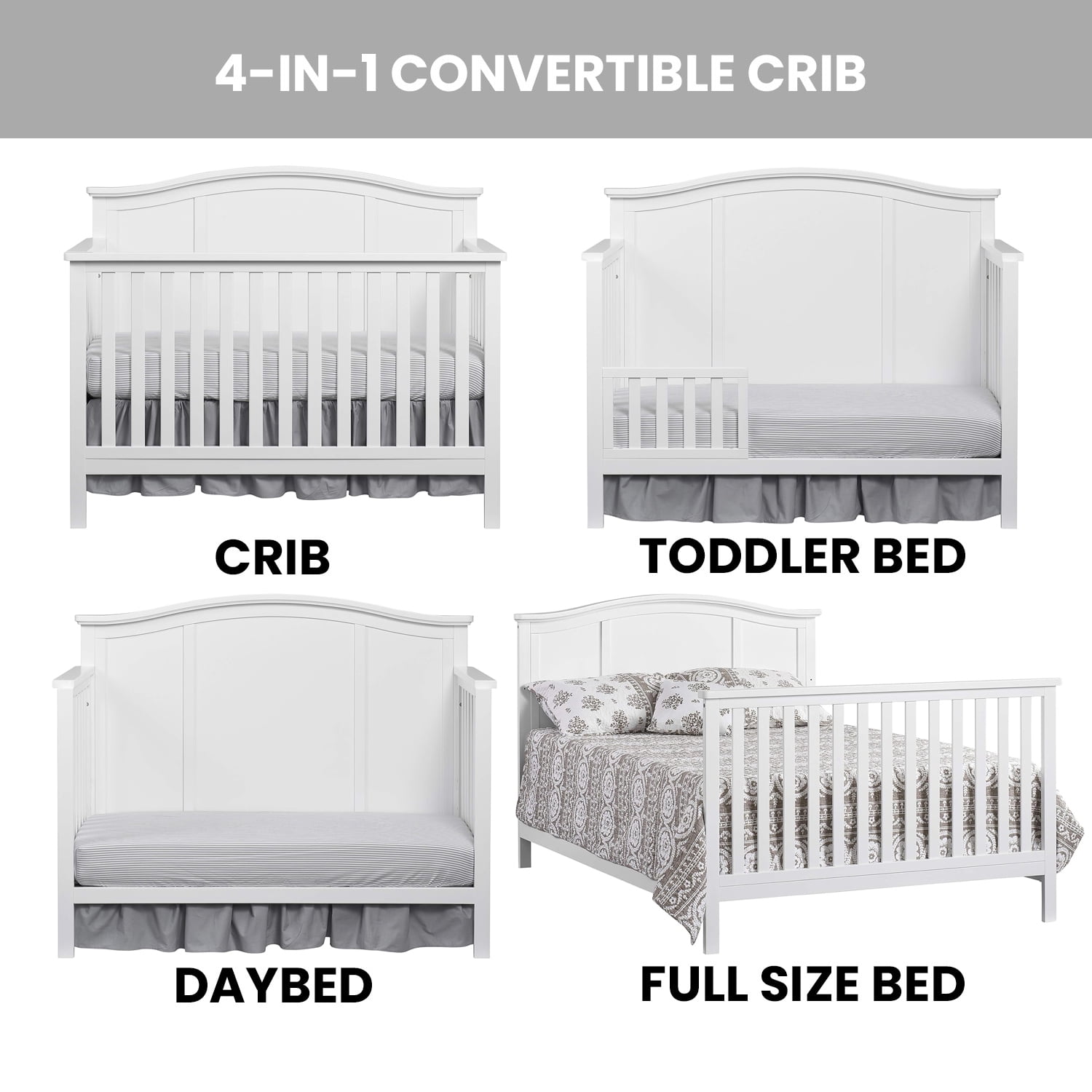 Oxford Baby Emerson 4-in-1 Convertible Crib, Snow White, GREENGUARD Gold Certified, Wooden Crib