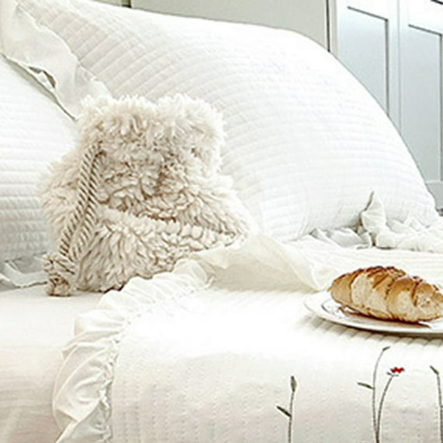Edredón de algodón de color puro, elegante edredón de algodón con bordado de tencel, color blanco, 2 fundas de almohada de 48 x 74 cm
