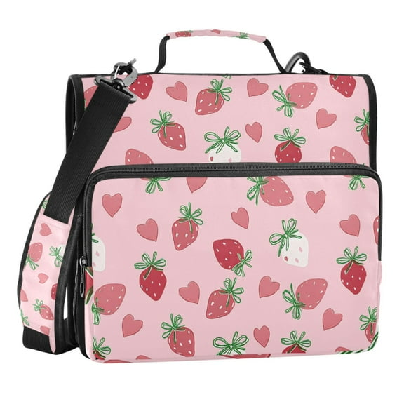 Zipper Binder Strawberry Bow Heart 1.5 Inch Binder Folder Bag with Shoulder Strap and Handle