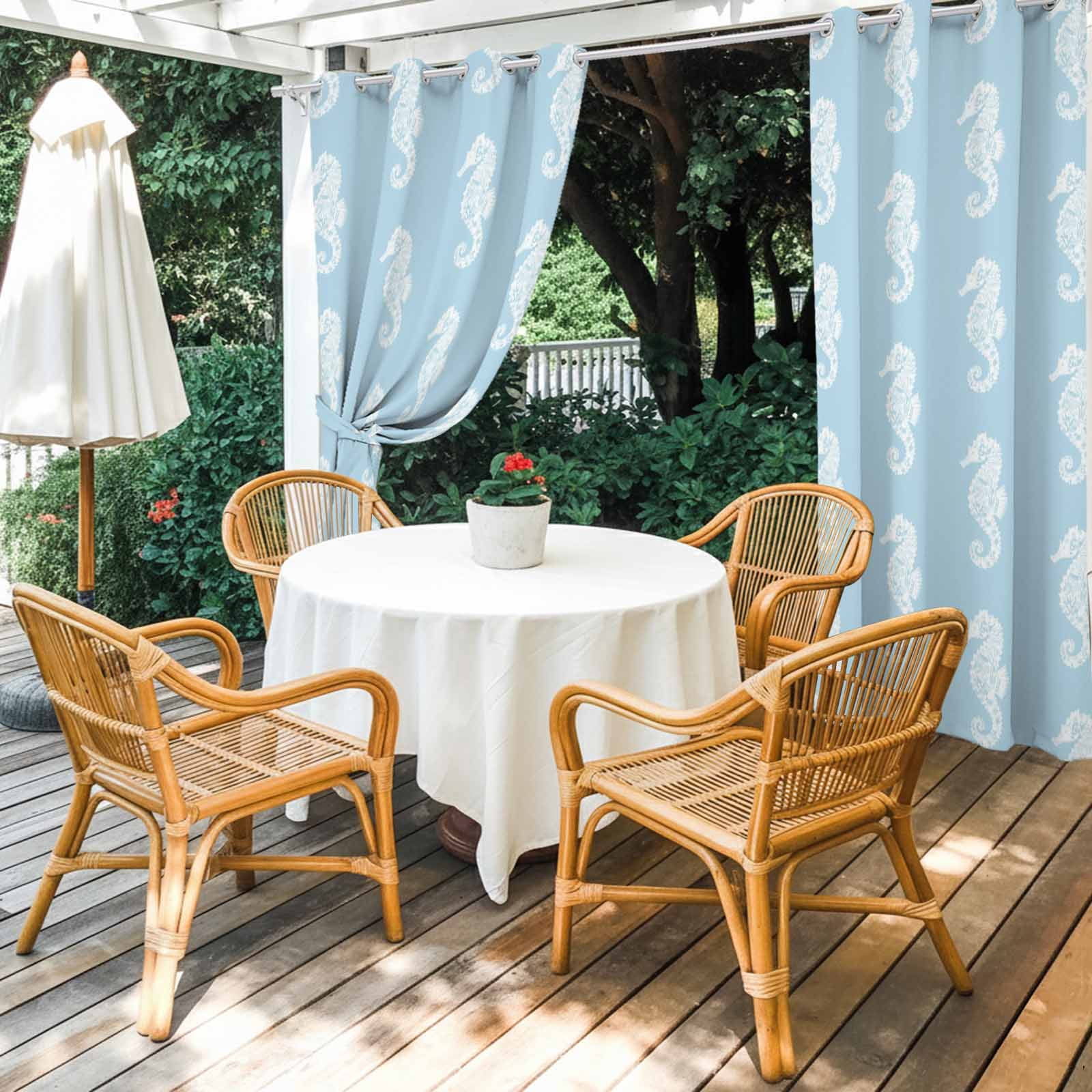 White Seahorse Outdoor Curtains for Patio, Watercolor Retro Summer Coral Ocean Blue Background Sunshade Privacy Drapes Grommet Waterproof Outside Curtains for Porch/Cabana/Balcony 54"x 108", 1 Panel