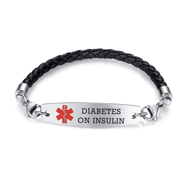 mnmhope bracelets d'Alerte Médicale Réglables 7.5 Pouces-9 Pouces pour Femmes/hommes bracelets Médicaux Interchangeables en Acier Inoxydable (avec Diabète Gravé sur Chaîne en Cuir-Insuline)