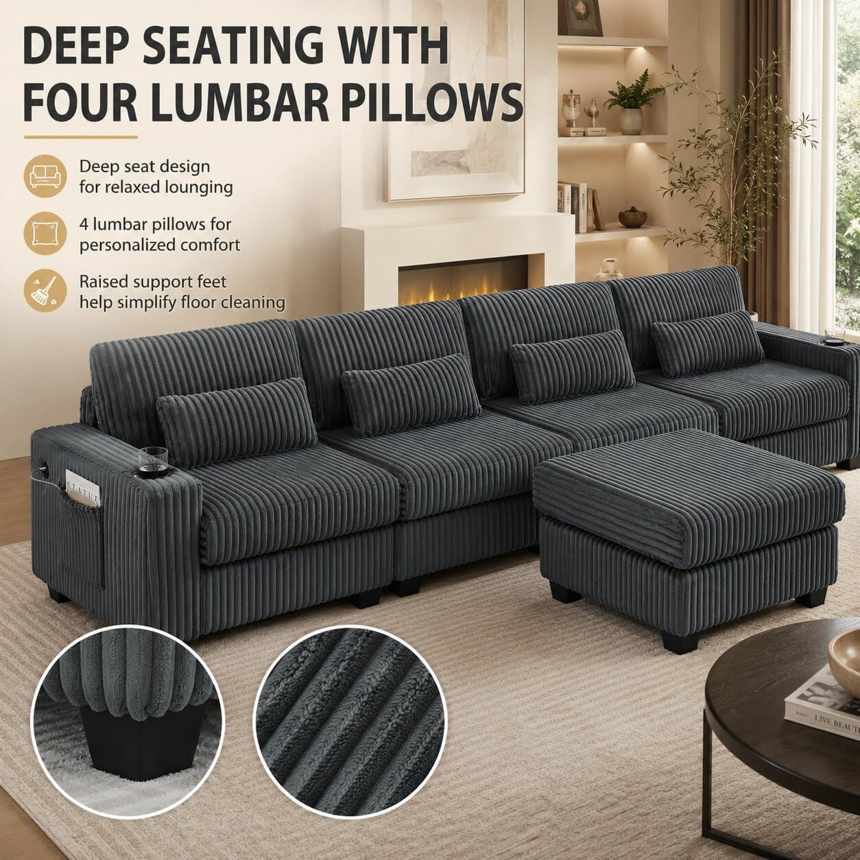 Howcool 125" L-Shaped Sectional Sofa, 5 Seat Deep Seat Corduroy Couch with Movable Ottoman, Modular Cloud Couch with Cup Holders & Lumbar Pillows for Living Room, Grey