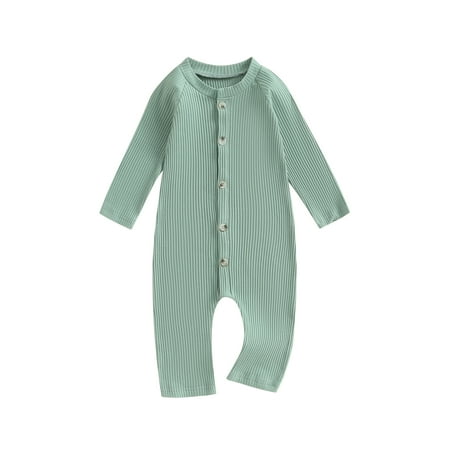 

Qtinghua Newborn Baby Girls Casual Romper Solid Color Long Sleeve Ribbed Button Down Jumpsuit Fall Clothes Green 0-3 Months