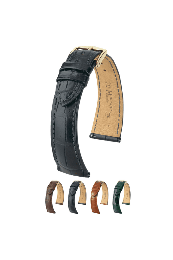 London Alligator Leather Watch Strap - Black - L - 17mm - Gold Buckle