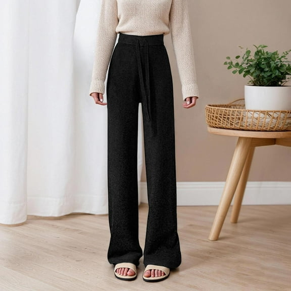 Hauaitttt Womens Knit Wide Leg Pants High Elastic Waist Flowy Sweater Pants with Drawstring A Women Pants Womens Pants Casual Summer Women Casual Pants plus Size Long Women Work Pants Business Casual