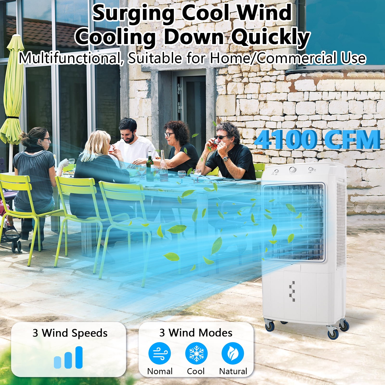 4100CFM Swamp Cooler with Remote, 4 Ice Packs, 3 Modes & Speeds for Indoor Outdoor Use - 15.8 Gallon