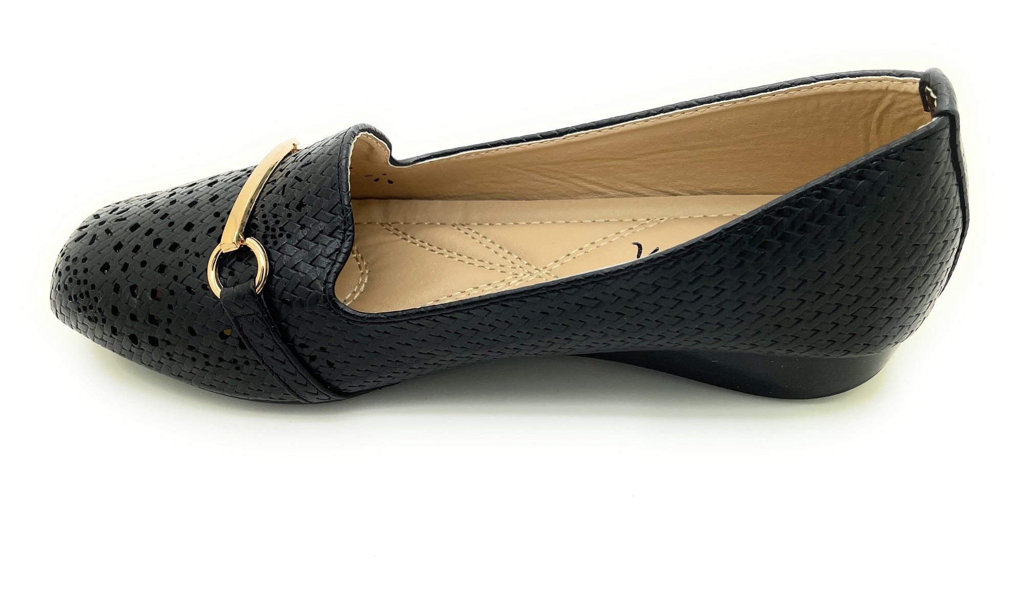 Women’s Stylish Perforated Slip-On Loafers – Lightweight Low Wedge Dress Flats with Cushioned Insole, Breathable Cutout Design, and Gold Buckle Accent – Comfortable Everyday Work or Casual Shoes