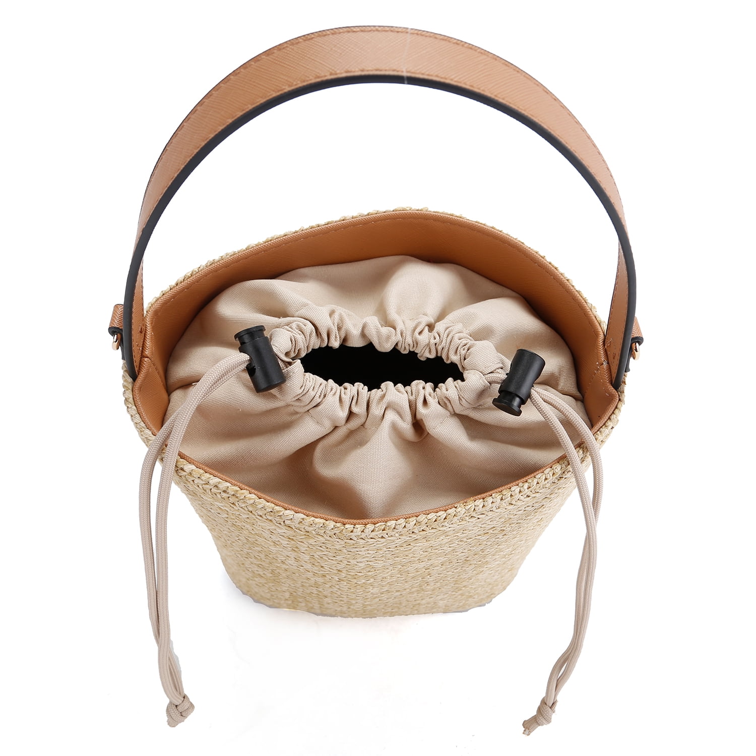 La Terre Summer Straw Bucket Bag with Drawstring Closure , Vegan Leather Handle and Adjustable Crossbody long Strap