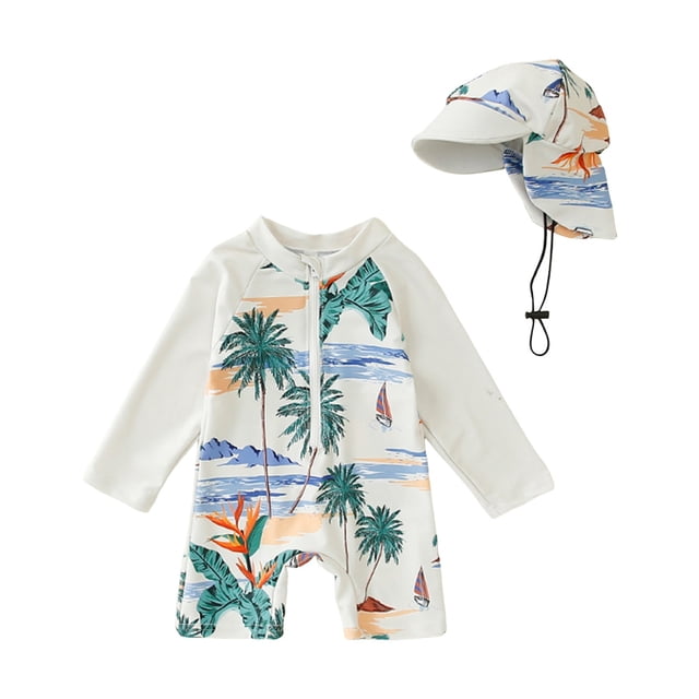 Akiihool Boys Swimwear Sets Boys Swim Set – UPF50+ Rashguard, Trunks with Drawstring & Cap, 4-Way Stretch, Quick Dry, Sublimated, for Beach/Pool (Beige,2-3 Years)