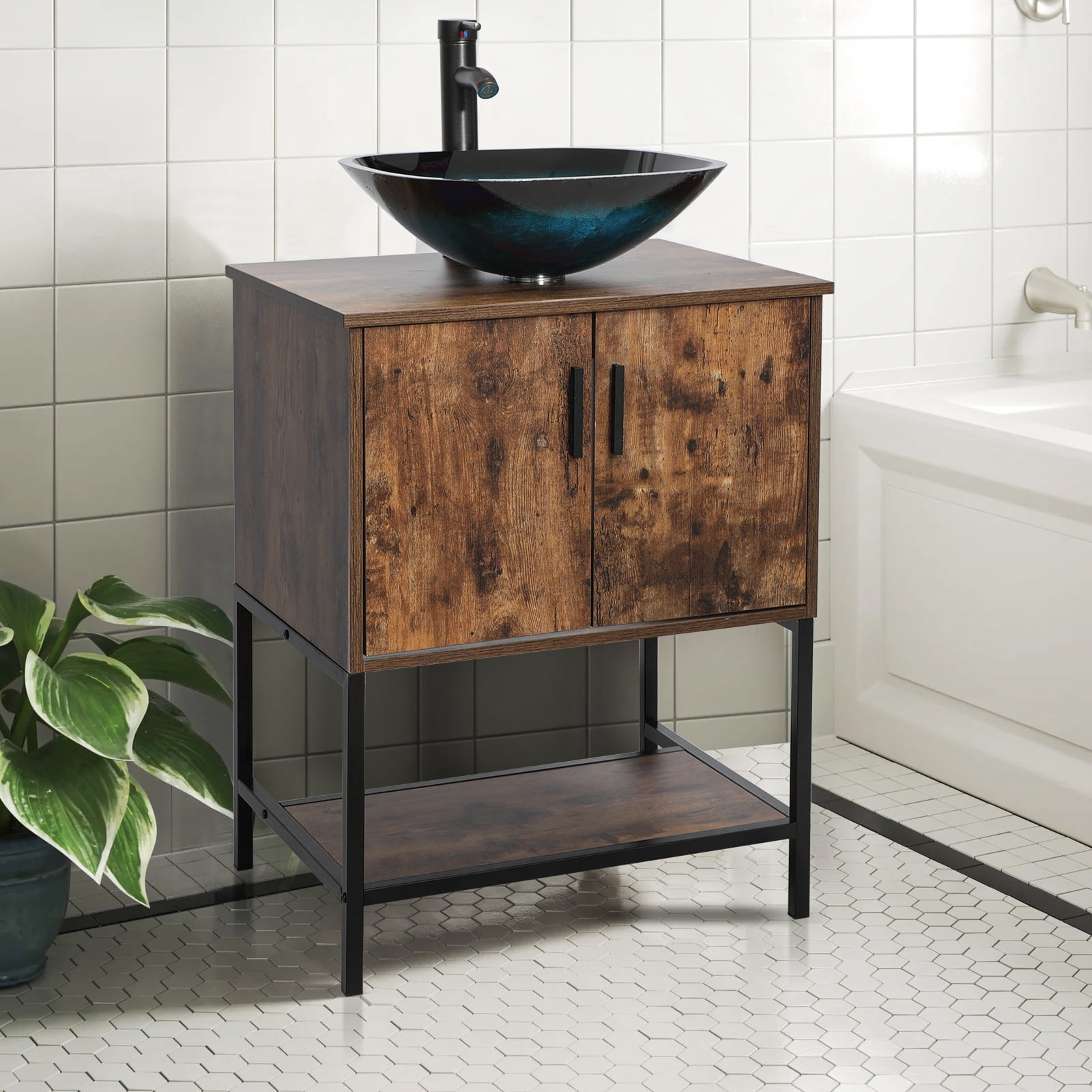 Eclife 24" Farmhouse Bathroom Vanity with Rustic Brown Wood Top,Blue Glass Sink, Water Save Faucet,Solid Brass Pop Up Drain