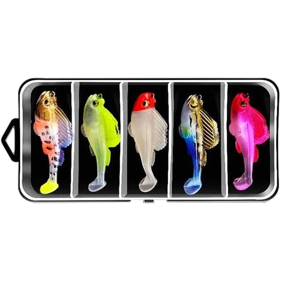 5 Pcs Soft Fishing Lures Set with Tackle Box, T-Tail Jig Head Baits, Anti Snag Bionic Swimbaits for Freshwater Saltwater Fishing (k)