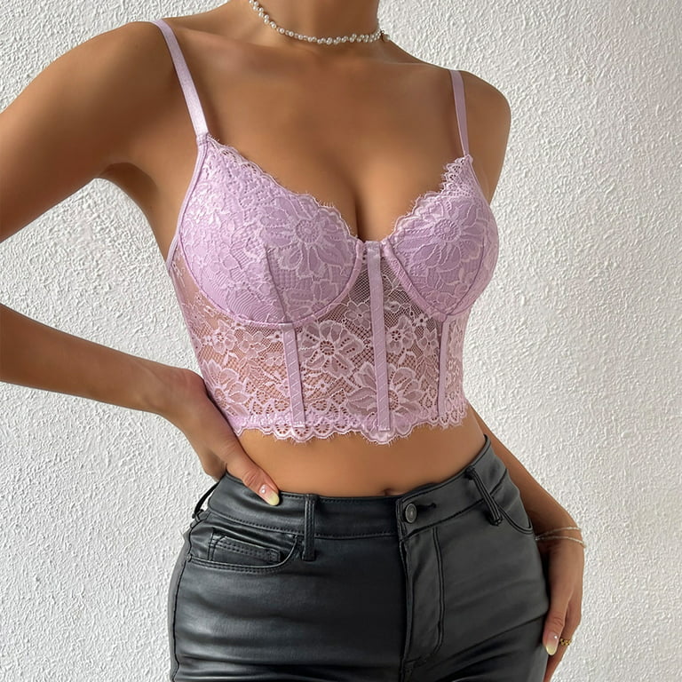 RYRJJ On Clearance Corset Tops for Women Summer Lace Bustier Tank Top Mesh  Sexy Vintage Spaghetti Strap Going Out Party Crop Tops(Purple,XS)