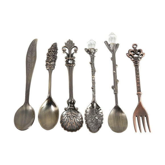 Roberee Cuillères Vintage Fourchette -6 pièces/Ensemble Vintage Style Royal métal Mini cuillères à café et Fourchette Cuisine Fruits café Accessoires(Bronze Vert)