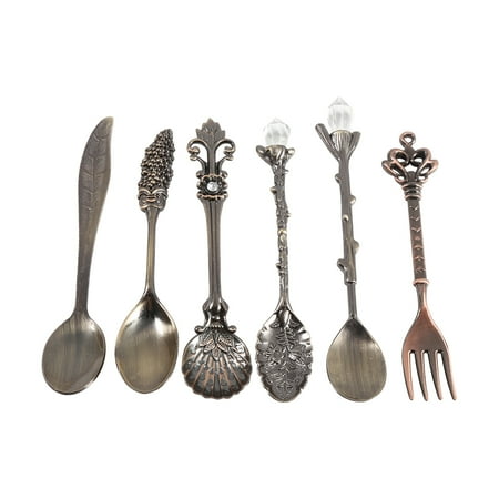 

6Pcs/Set Vintage Royal Style Metal Mini Coffee Spoons and Fork Kitchen Fruit Coffee Tea Accessories for Home Table Decoration[Bronze]