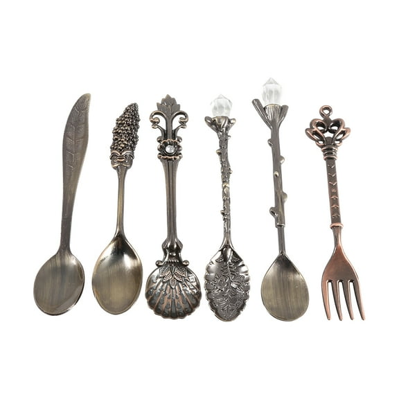6Pcs Antique Brass Mini Utensil Set - Royal Style Coffee Spoons & Fork