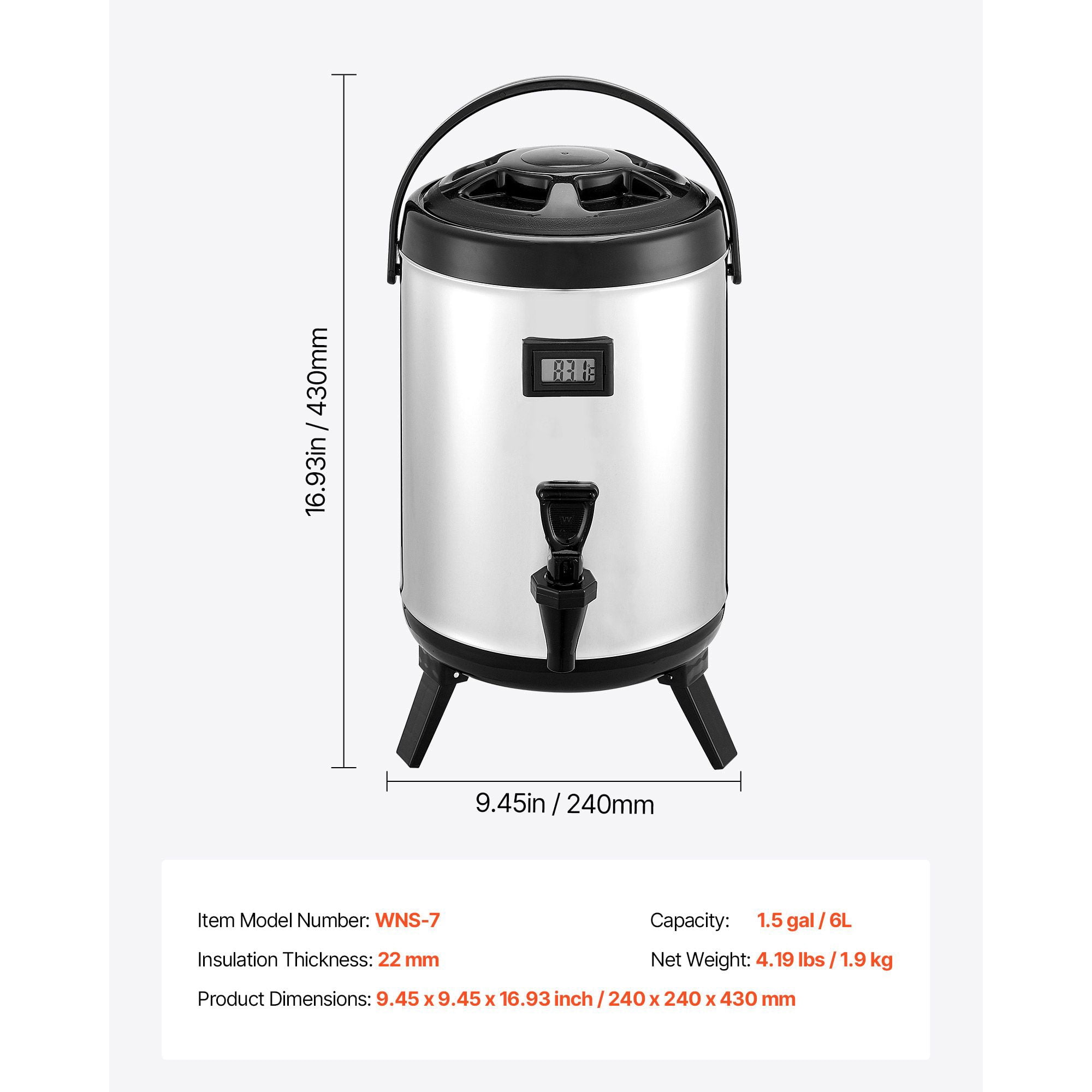 1.5 Gallon Insulated Beverage Dispenser with Temp Display, 304 Stainless Steel, Hot/Cold Insulation, Drip-Free Spigot for Cafes Restaurants