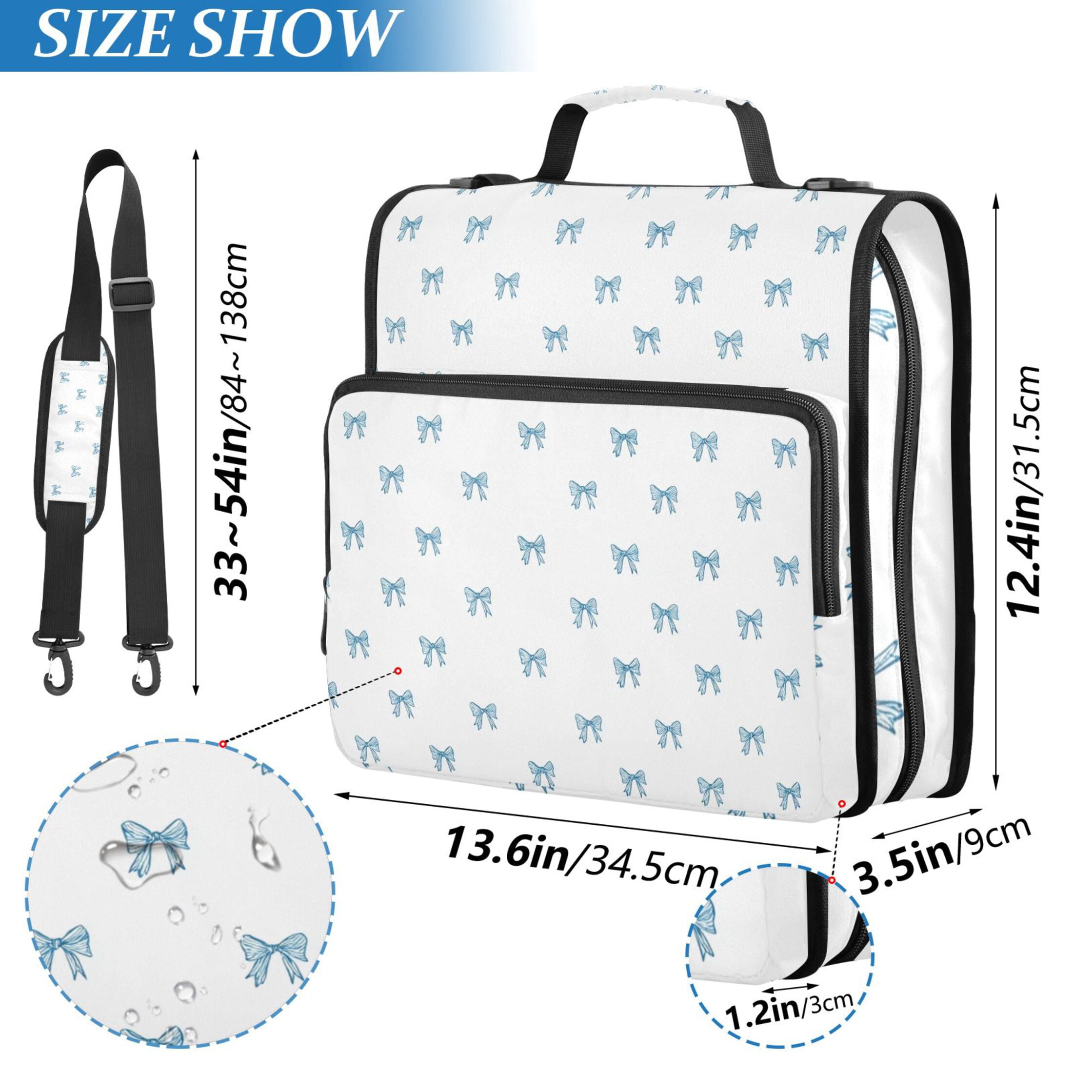 Zipper Binder Light Blue Bow 1.5 Inch Binder Folder Bag with Shoulder Strap and Handle