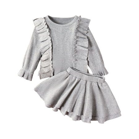 

REORIAFEE 2 Piece Sets for Toddler Girl Infant Toddler Baby Girls Long Sleeve Lace Top Skirt Solid Color Two Piece Set Gray 6-9 Months