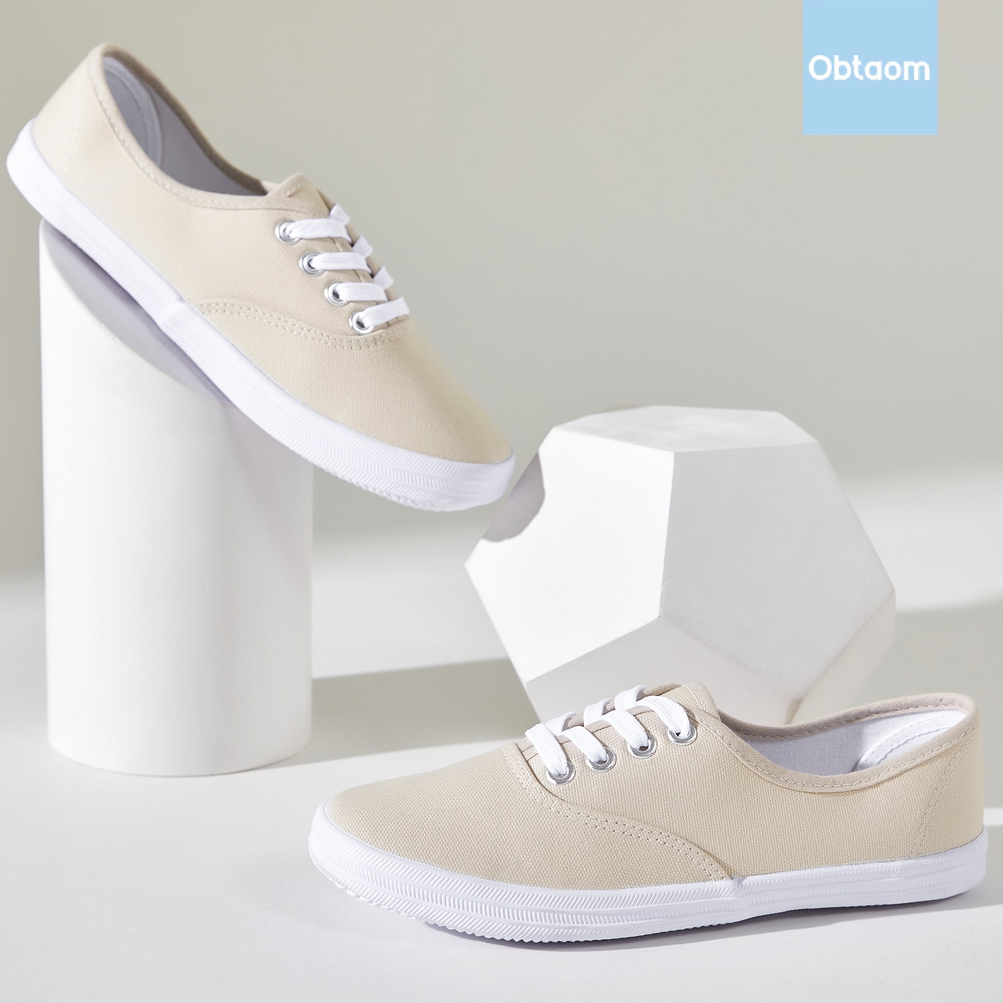 Obtaom Women’s Canvas Sneakers Fashion Lace Up Canvas Shoes,Low Top Casual Flat,Lightweight Tennis Shoes.(Beige,US9)