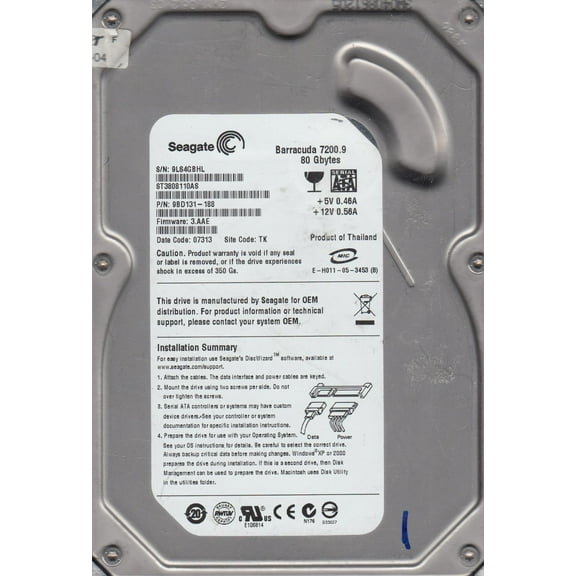 ST3808110AS, 9LS, TK, PN 9BD131-188, FW 3.AAE, Seagate 80GB SATA 3.5 Hard Drive