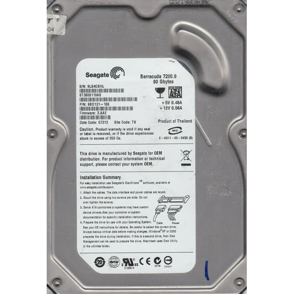 ST3808110AS, 9LS, TK, PN 9BD131-188, FW 3.AAE, Seagate 80GB SATA 3.5 Hard Drive