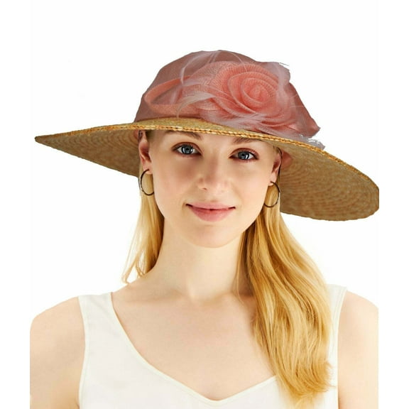 August Hat Company Fine Millinery Bow & Feather Accented Mesh Straw Hat, Pink