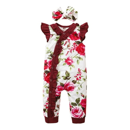 

Kucnuzki Infant Baby Girl Clothes 0 Months Summer Bodysuit 3 Months Fly Ruffled Sleeve Sweet Rose Prints Lace Trims Side Release Buckle Cozy Jumpsuit Bodysuit Headband 2PCS Set Red