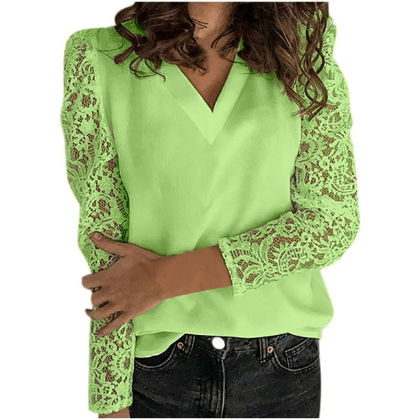 RXIRUCGD Trendy Casual Womens Long Sleeve Tops Clearance Items Large Size  Women Lace Solid Splicing Long Sleeve Slim Blouse V-Neck Tops Shirt Womens