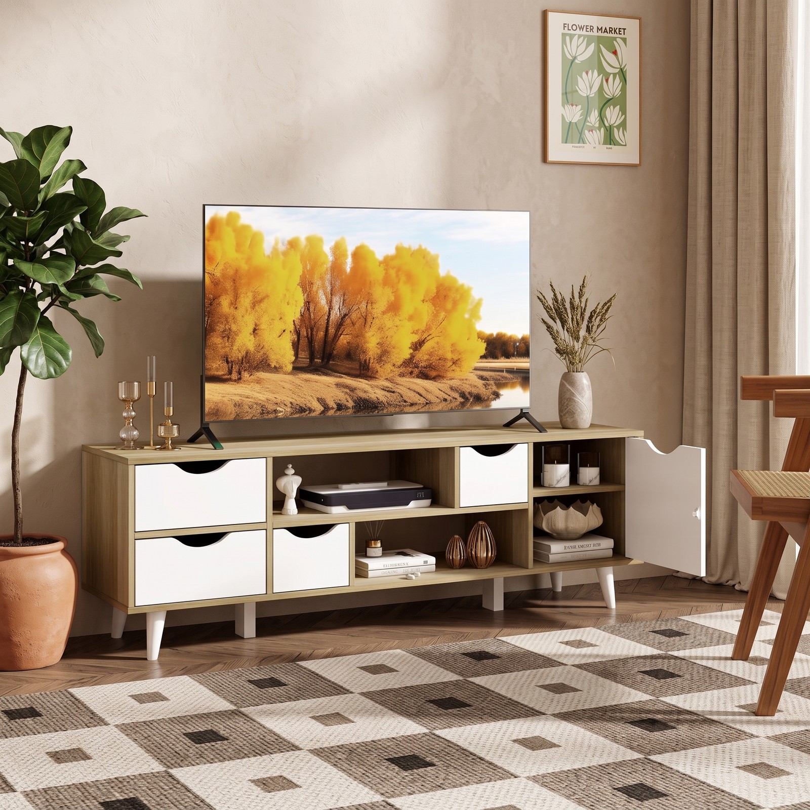 Furnibear TV Stand for TVs up to 55 Inch, Wood Entertainment Center Media Console with 4 Drawers and 2 Open Shelves, Adjustable Shelf, 6-Point Structure, Oak