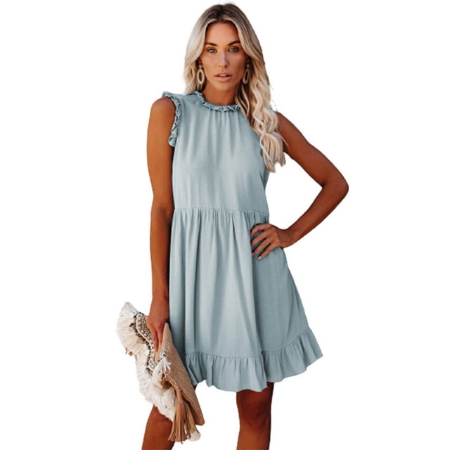 New Women's Solid Color Sleeveless Ruffle Stitching A Line Dress Pleating Casual Dress