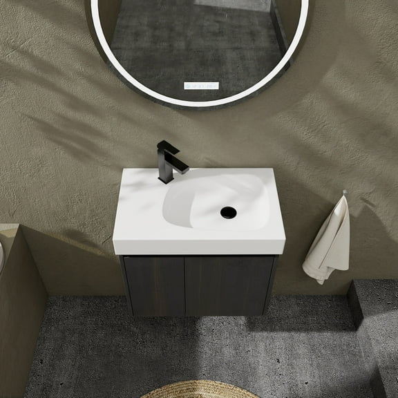 24'' Bathroom Vanity with Wooden Storage Cabinet , Wall Mounted Floating Vanity Sink Combo with Basin & Double Doors, for Bathroom, Black