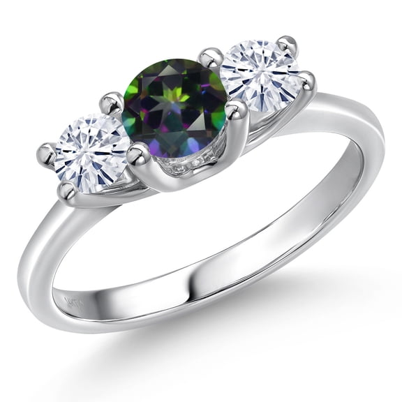 Gem Stone King 14K White Gold Green Mystic Topaz & White Moissanite 3-Stone Engagement Ring | 1.01 Cttw | Round 5MM and 4MM | Three Stone Wedding Anniversary Promise Ring for Women (Size 5)