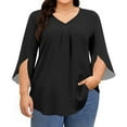 thumbnail image 4 of bbyeadc Womens Plus Size Tops Casual V Neck 3/4 Sleeve Tee Tops Fashion Ruched Ruffle Cuff Oversized Summer Clothes L-5XL Light Baggy Top, Black 3XL, 4 of 5