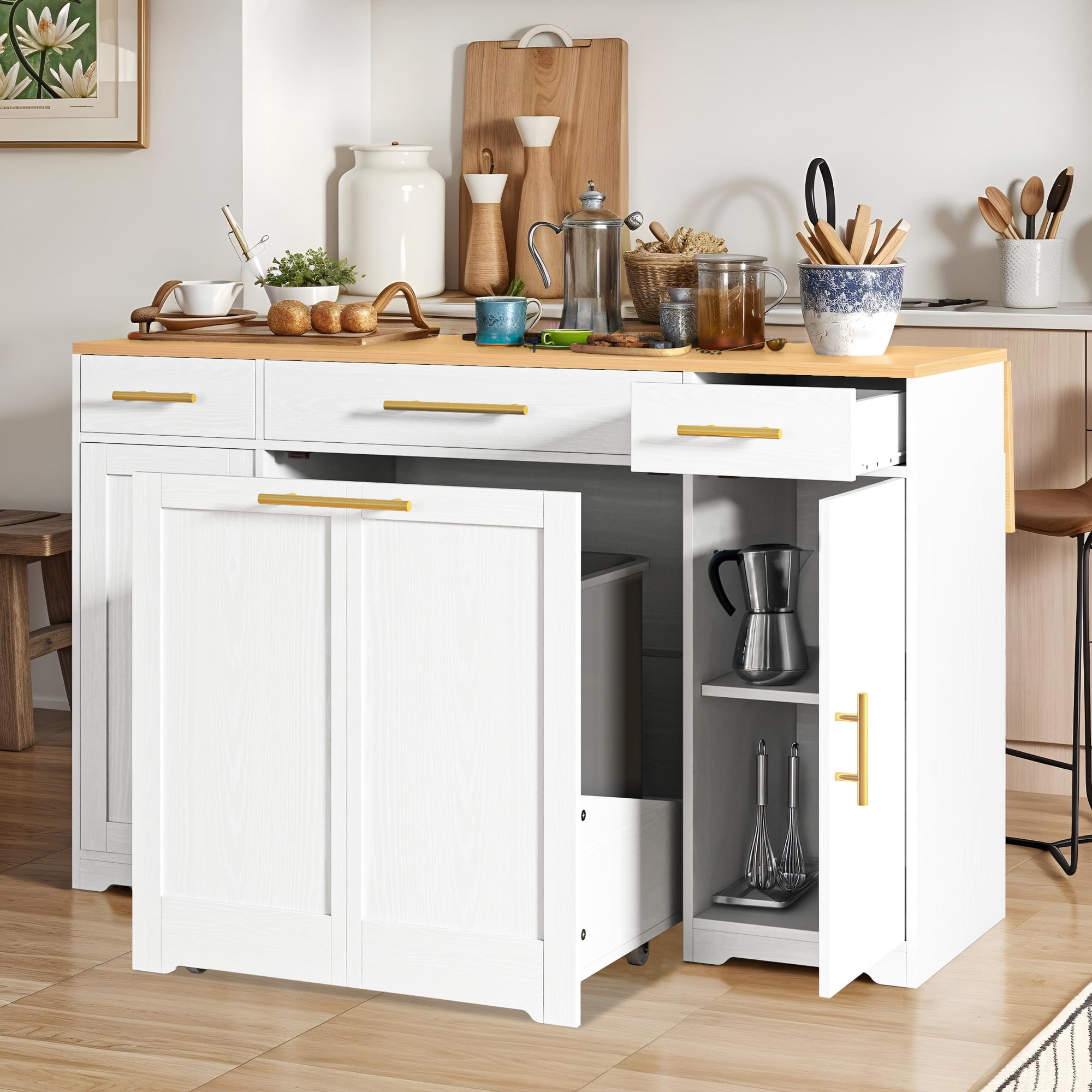 Uforic Kitchen Island with Drop Leaf & Wheels, Island Table with Trash Storage Cabinet, White