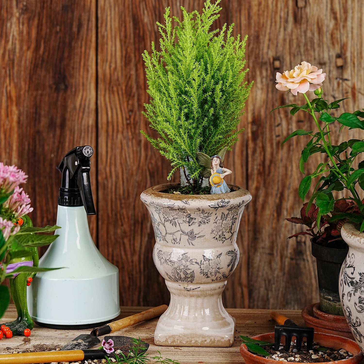 Sungmor Small Ceramic Urn Planter - Grey Scroll Floral Pedestal Flower Pot, Decorative Vintage Chinoiserie Style Planters, Tuscan Accent Vase Indoor Outdoor Plant Holder with Drainage