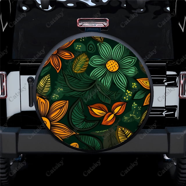 Floral African Authentic Flowers Pattern Polyester Universal Spare Wheel Tire Cover Wheel Covers for Trailer RV SUV Truck Camper