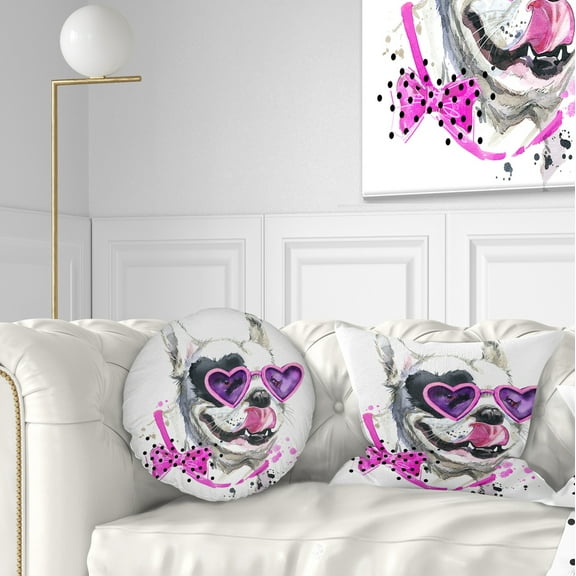 Designart Funny Dog with Heart Glasses - Animal Throw Pillow - 12x20