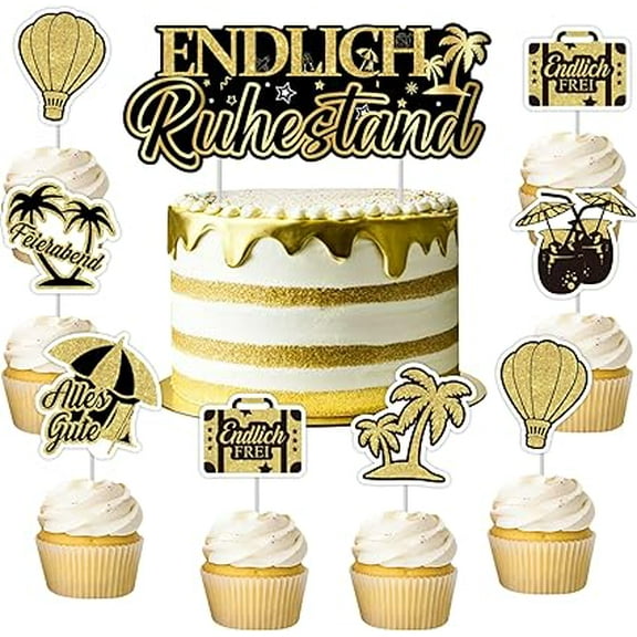 13Pcs Happy Retirement Cake Toppers Black Gold, Finally Retired Cake Toppers, Retirement at Last Cupcake Toppers, Retirement Themed Party Decorations Supplies for Men Women