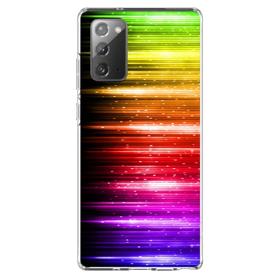 DistinctInk Clear Shockproof Hybrid Case for Samsung Galaxy Note 20 (6.7" Screen) - TPU Bumper, Acrylic Back, Tempered Glass Screen Protector - Rainbow Light Glowing Lines