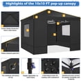 thumbnail image 3 of COBIZI 10x10 Pop up Canopy with Sidewalls Waterproof Outdoor Canopy Gazebo Anti-UV Instant Foldable Canopy Tent for Party with Carry Bag,Black, 3 of 8